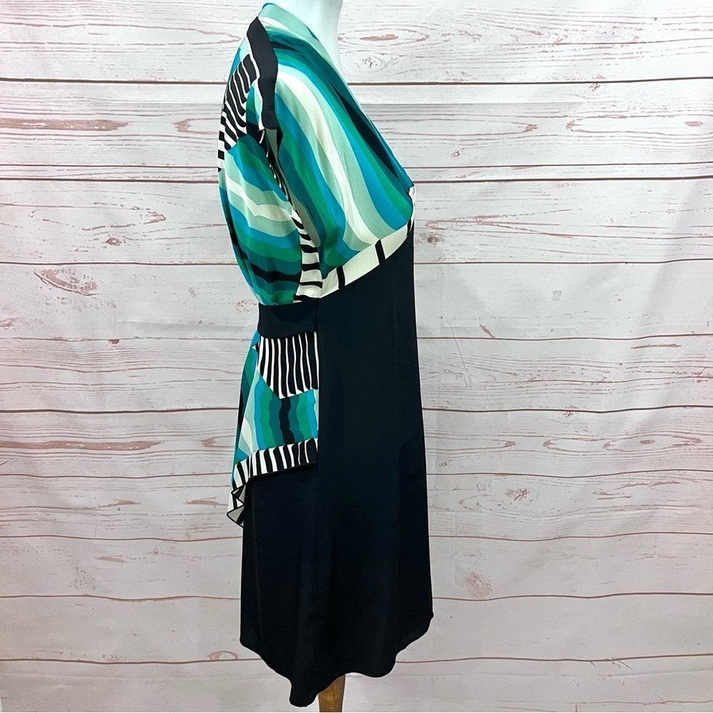 Anna Sui Silk Teal Serape Striped Dolman Sleeve Geometric Peplum Dress - Picture 9 of 11